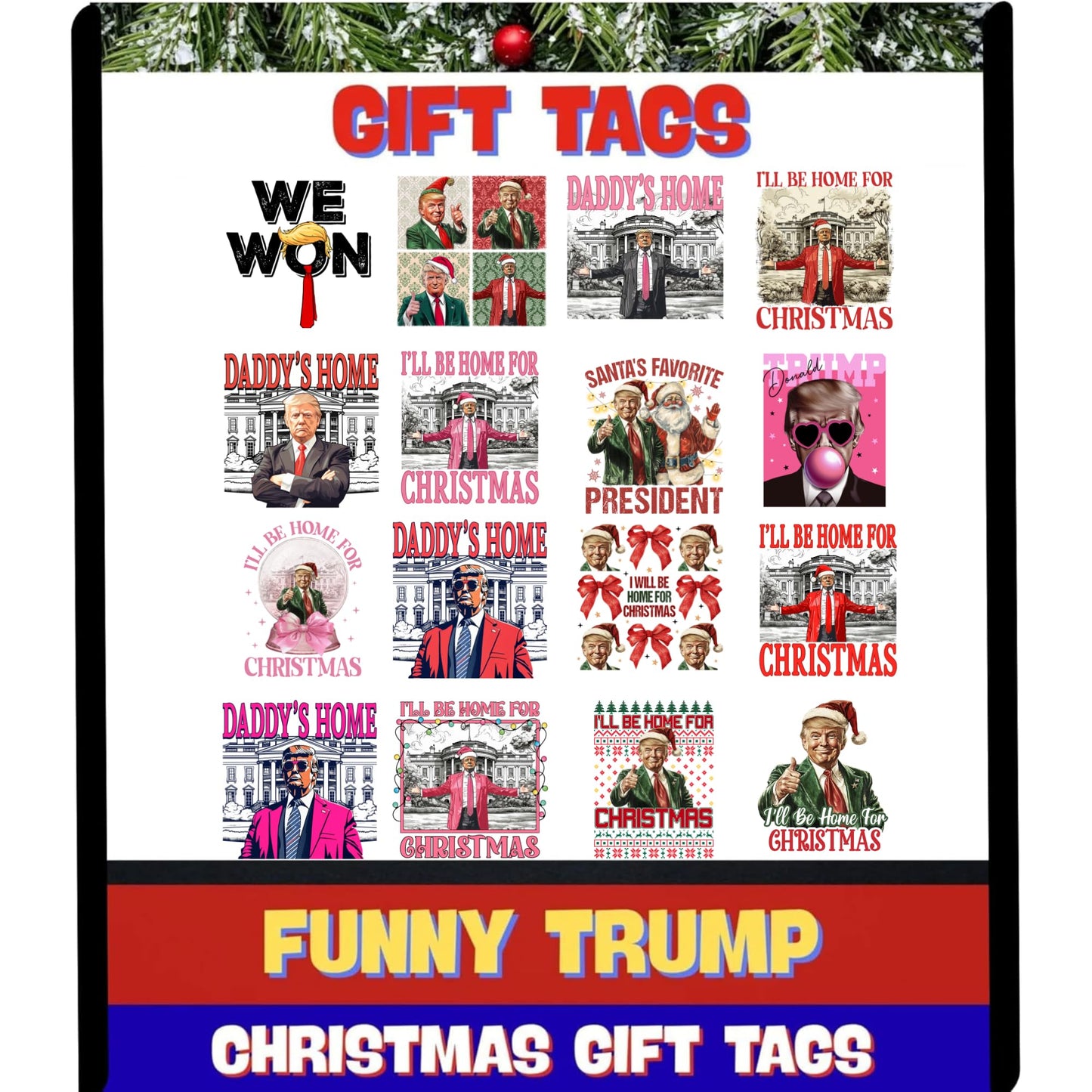 Trump Holiday Sticker Pack, 16 Christmas Themed Vinyl Stickers, Waterproof UV Resistant Patriotic Stickers, Perfect for Stocking Stuffers, Presents and Festivities