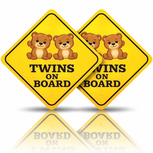 Twins on Board Car Stickers 2 Pack | 7 Inch Tall Yellow Safety Sign | UV Resistant Waterproof Vinyl | Cute Bear Twins Baby Car Window Decals