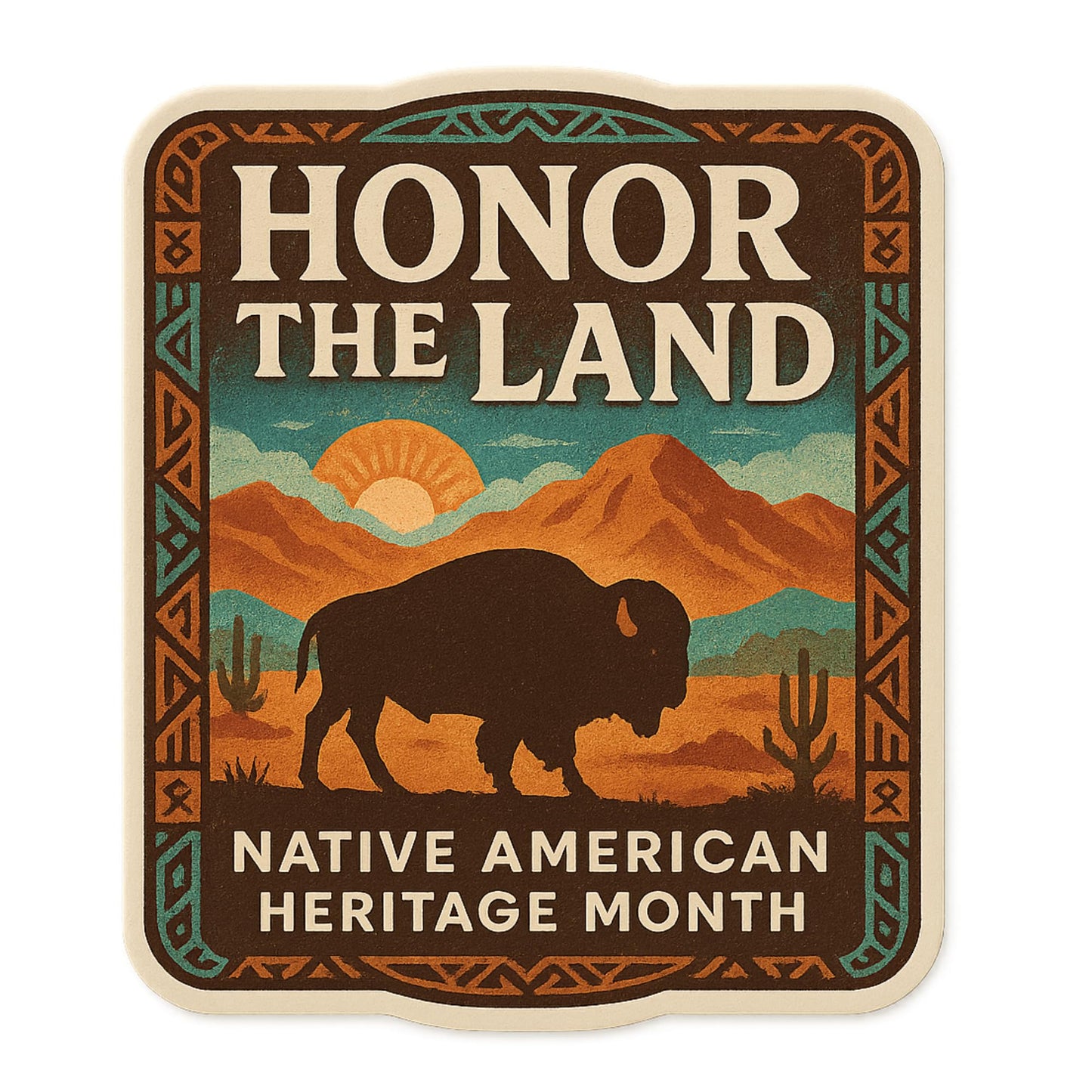 Honor The Land Native American Heritage Month Buffalo Vinyl Sticker, 5-Inch, Waterproof UV-Resistant Die-Cut Decal, Earth-Tone Desert Sunrise Design for Laptops, Water Bottles, Journals