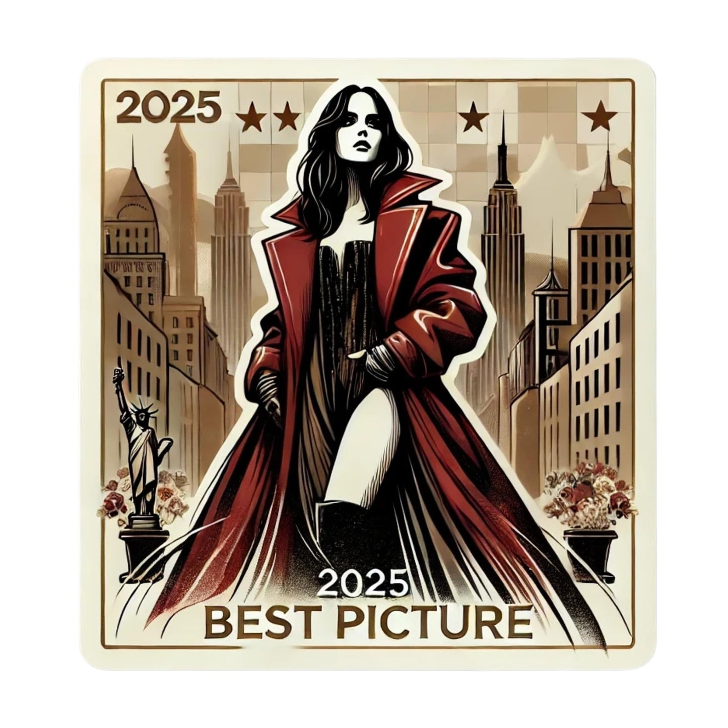 2025 Best Picture Art Sticker, Movie Award Theme, New York City Skyline Design, Red and Gold