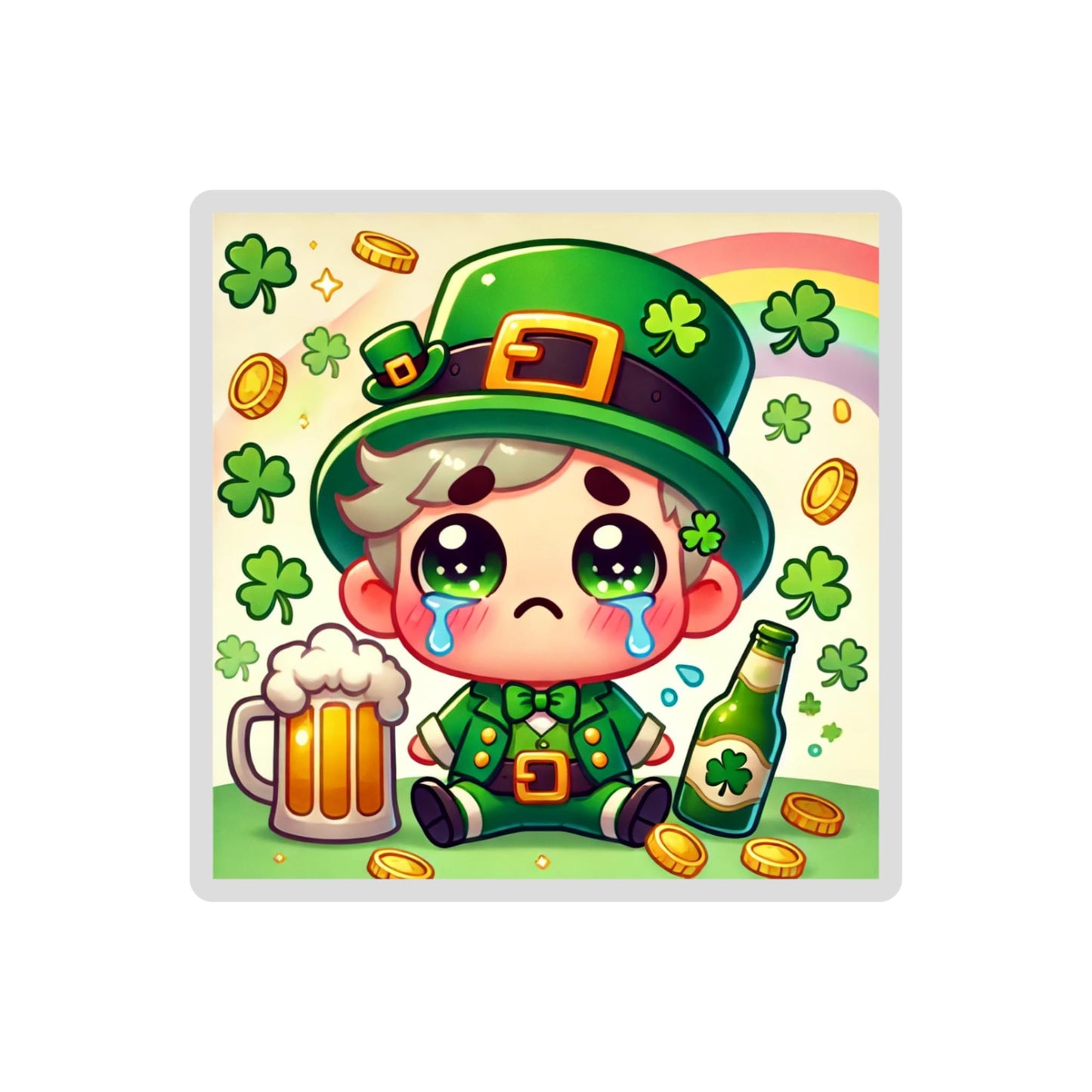 St. Patrick's Day Sad Kawaii Leprechaun Sticker, Cute Irish Design with Shamrocks and Beer by RockPaperStikerz