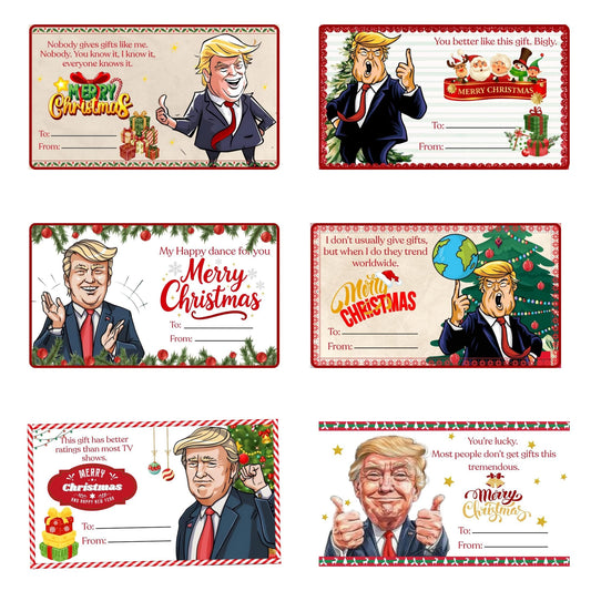 3 Sets of 6 (18 Tags) Funny Trump Christmas Gift Tag Stickers – 3x2 Inch Writable Vinyl – to/from Holiday Stickers – Political Christmas Humor