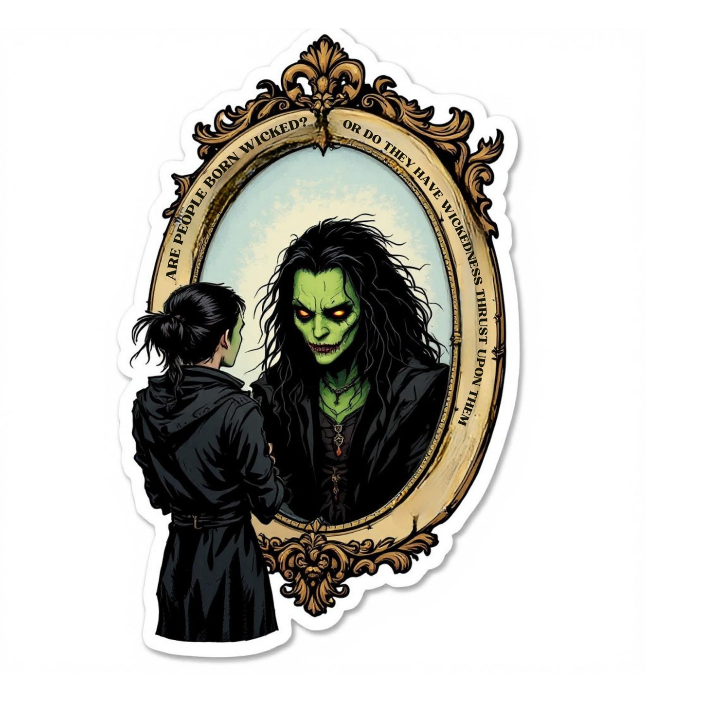 Wicked Mirror Reflection Vinyl Sticker, Gothic Fantasy Art, 3.5 x 2.25 inches, Black and Green