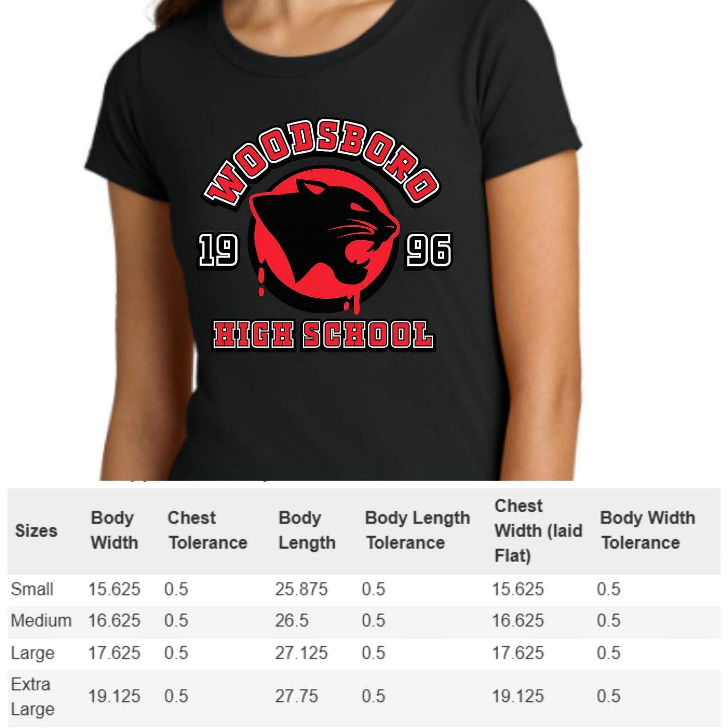 RockPaperStikrz Woodsboro High School Graphic T-Shirt, 1996 Design, Women 60/40 Poly-Cotton Crew Neck Short Sleeve Tee Black