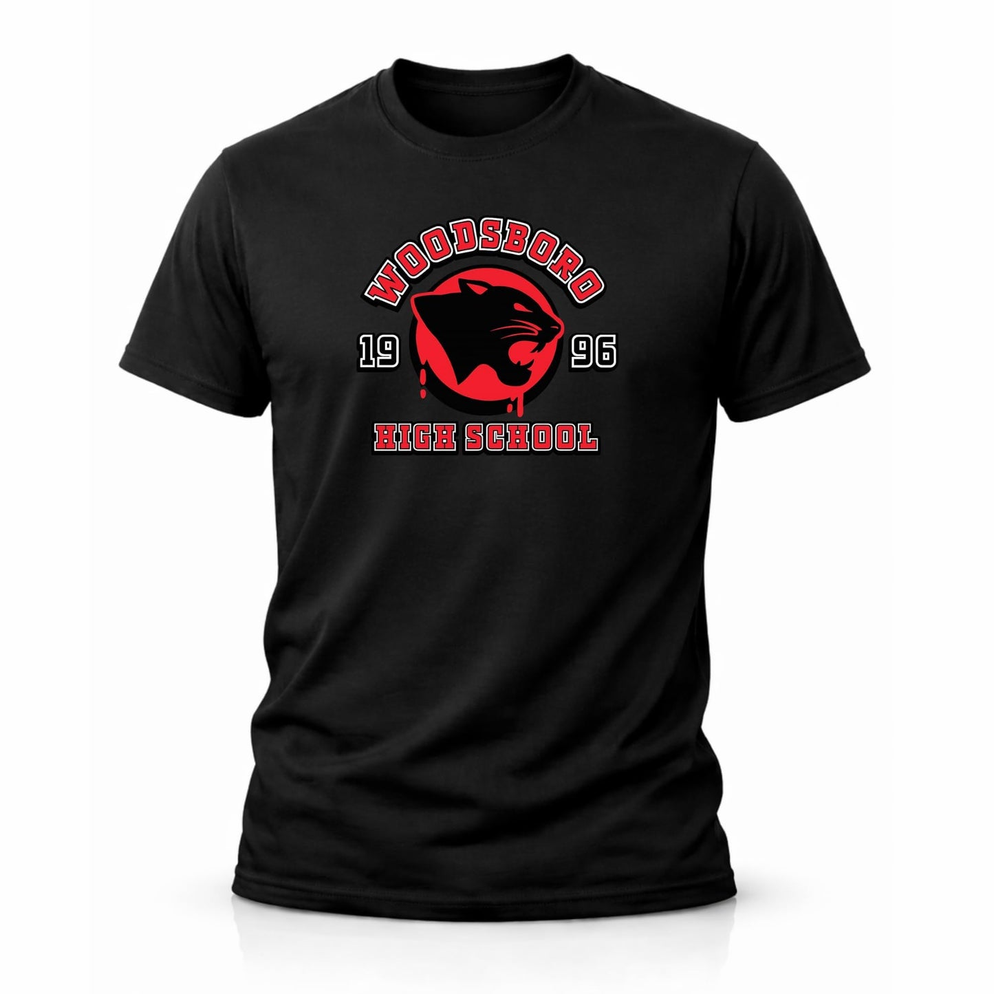 RockPaperStikrz Woodsboro High School Graphic T-Shirt, 1996 Design, Men 100%-Cotton Crew Neck Short Sleeve Tee Black, White