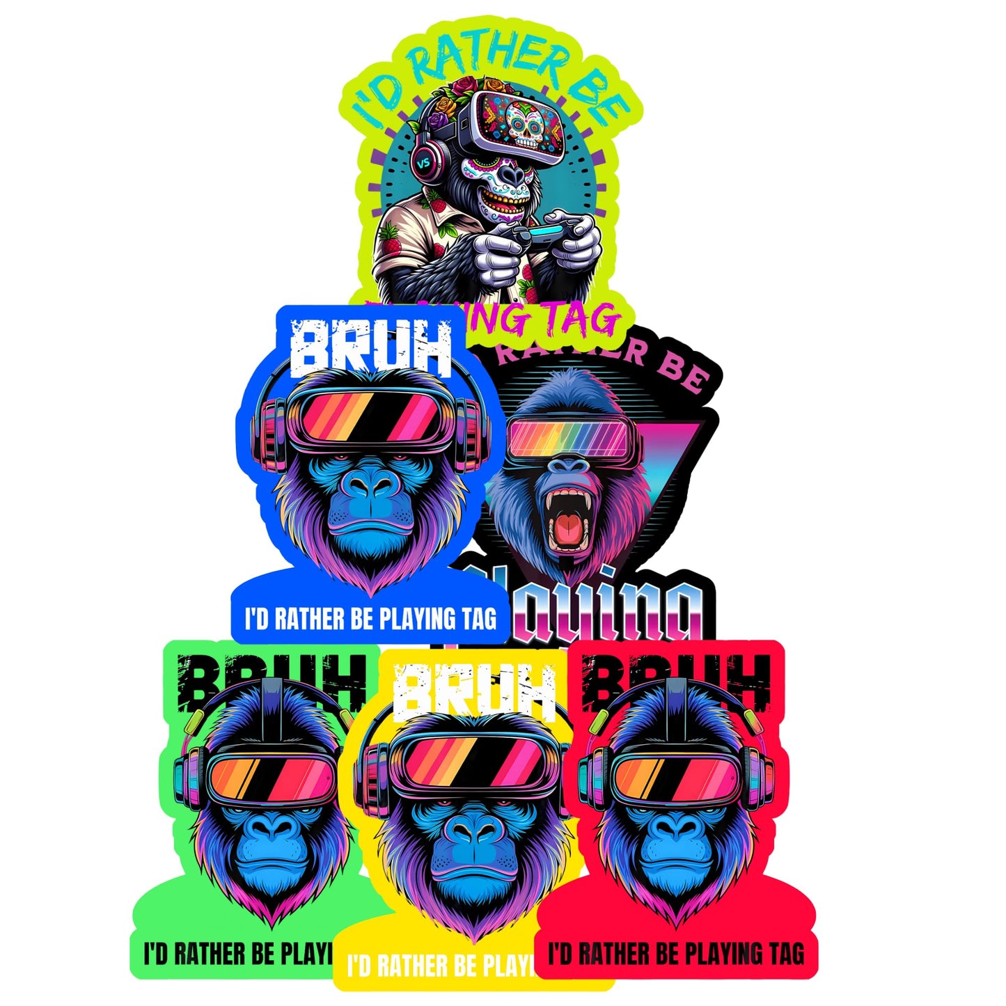 Bruh I'd Rather Be Playing Tag Gorilla Sticker Pack 25 Pack 2 Inch Die Cut Vinyl Stickers, Decals for Laptop Water Bottle Controller Console