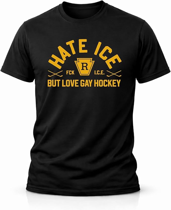 Hate ICE But Love Gay Hockey Graphic T-Shirt, Unisex Cotton Crew Neck Tee, Short Sleeve Sports Fan Shirt Black