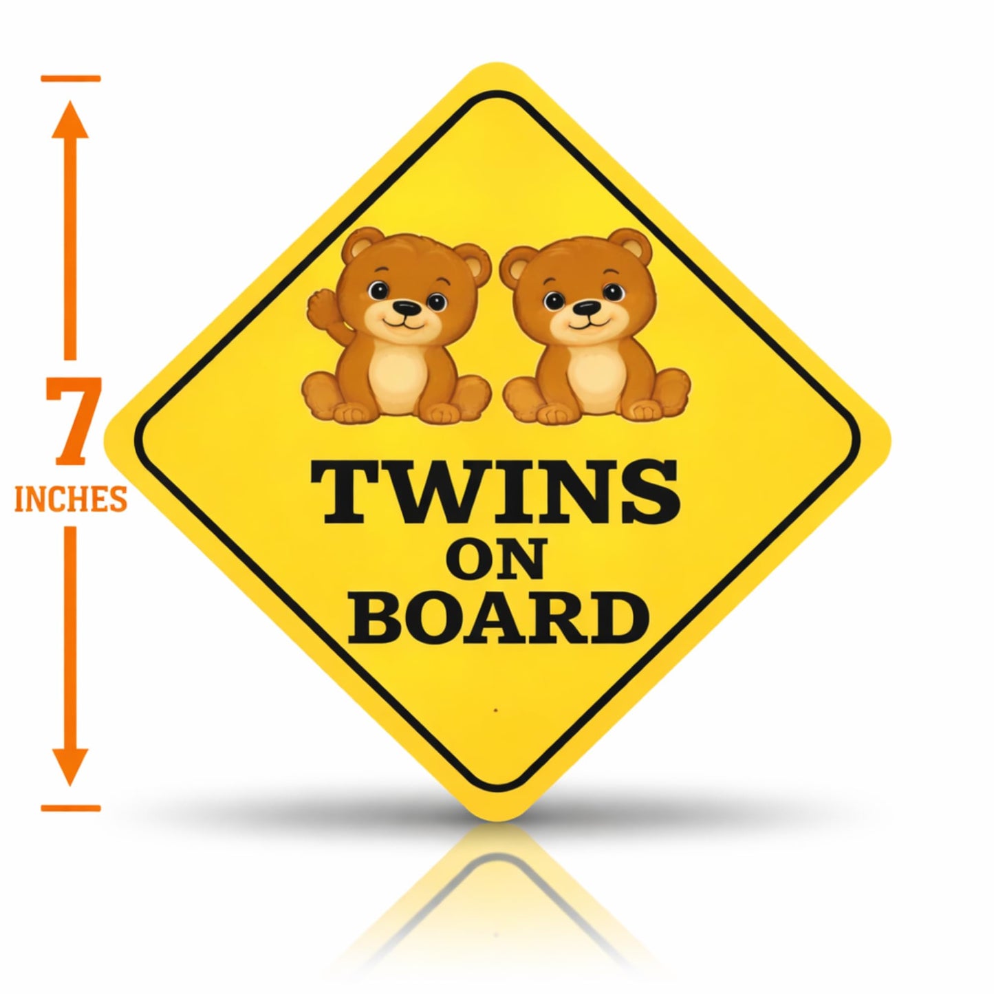 Twins on Board Car Stickers 2 Pack | 7 Inch Tall Yellow Safety Sign | UV Resistant Waterproof Vinyl | Cute Bear Twins Baby Car Window Decals