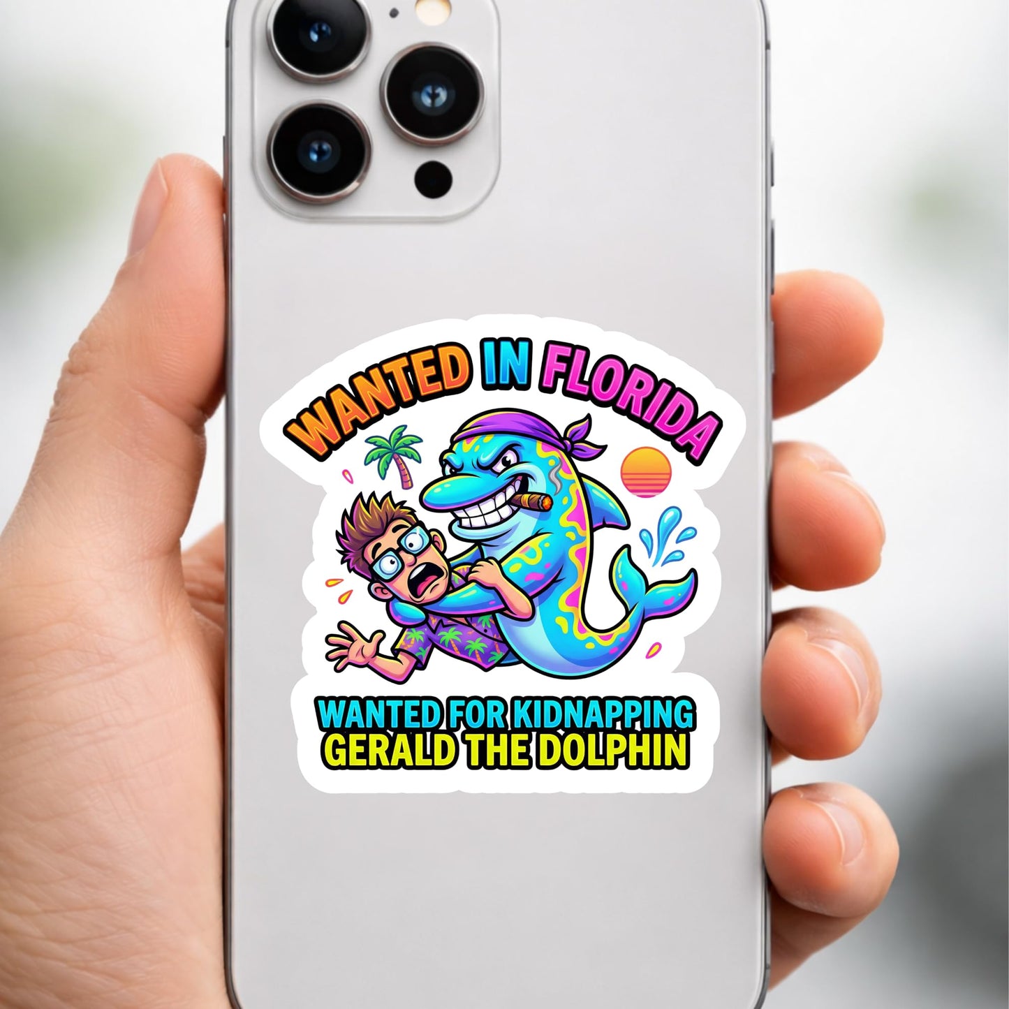 Gerald the Dolphin Wanted in Florida Funny Meme Sticker Pack, Waterproof Vinyl, 3 Inch, Decals for Laptop, Car, Phone