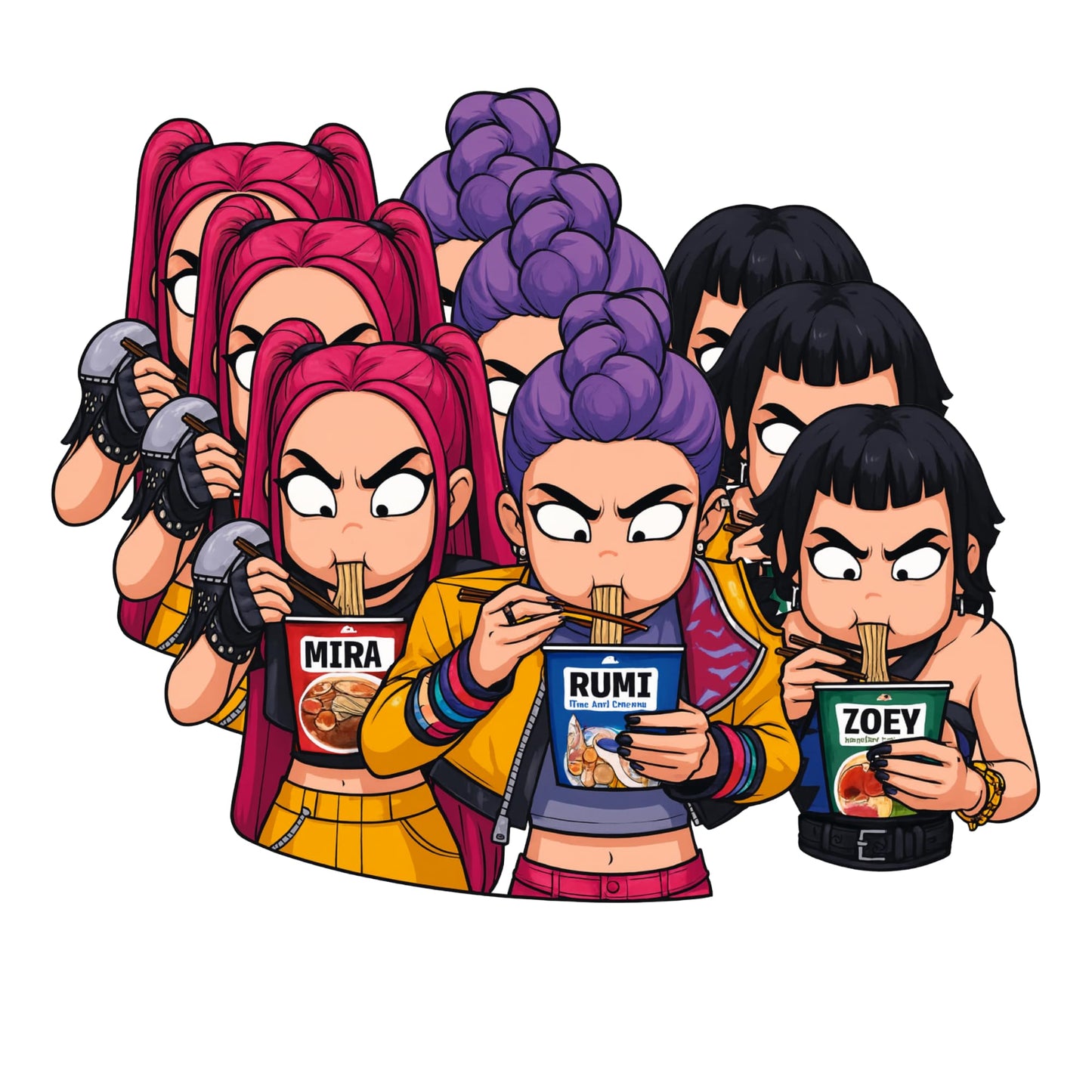 Kpop Ramen Squad Sticker Pack (3-Pack, 3-Inch) – Cute Anime Girls Eating Noodles | Funny Kawaii Food Art Vinyl Decal