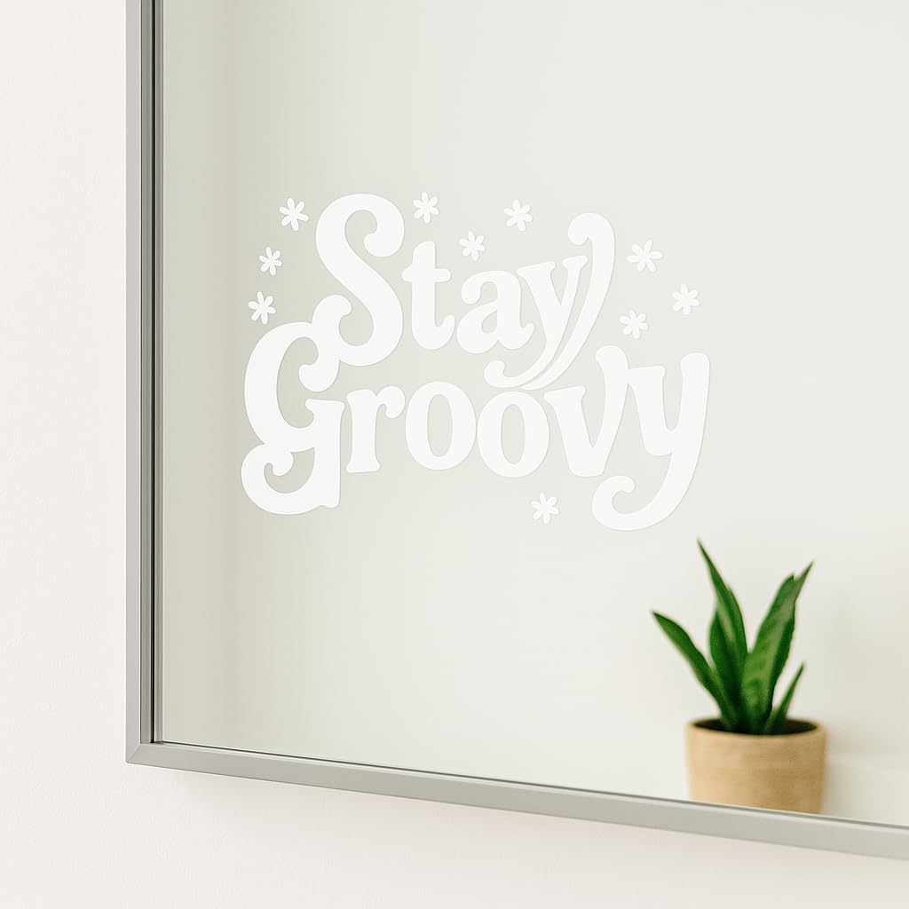 Stay Groovy Decal – 7" x 5.5" White Retro Vinyl Sticker for Cars, Laptops, Water Bottles – 70s Aesthetic Hippie Design