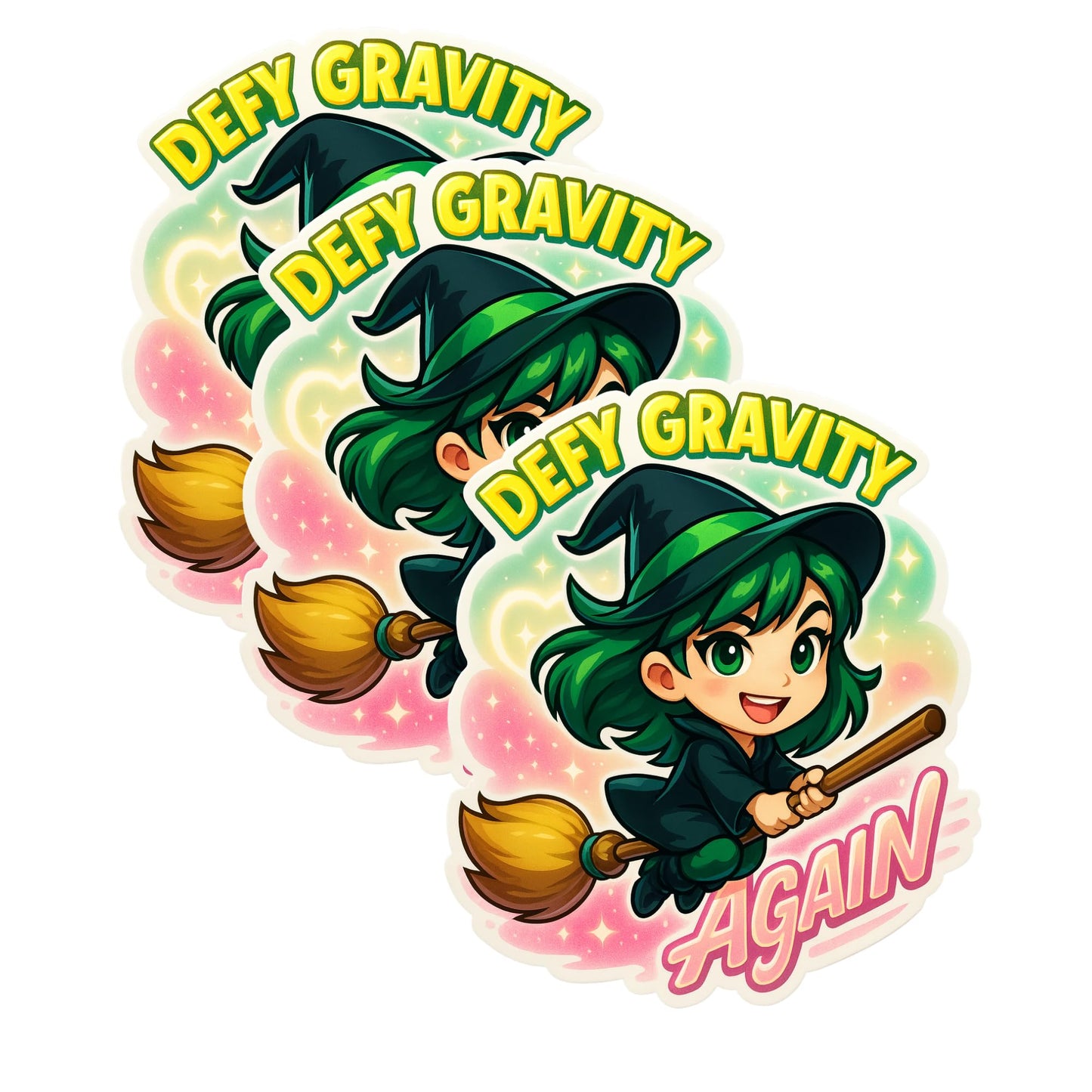 3-Pack “Defy Gravity Again” Vinyl Stickers – Cute Chibi Witch Flying Broom Design (3-Inch)