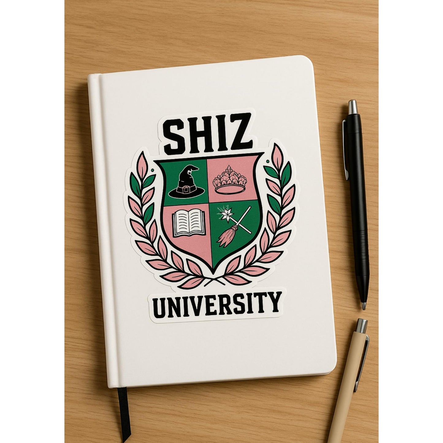 Shiz University Sticker – Wicked Inspired Vinyl Decal - Pink & Green Magical Crest Design | College Style Fantasy Gift for Fans, Laptops, Tumblers & Notebooks