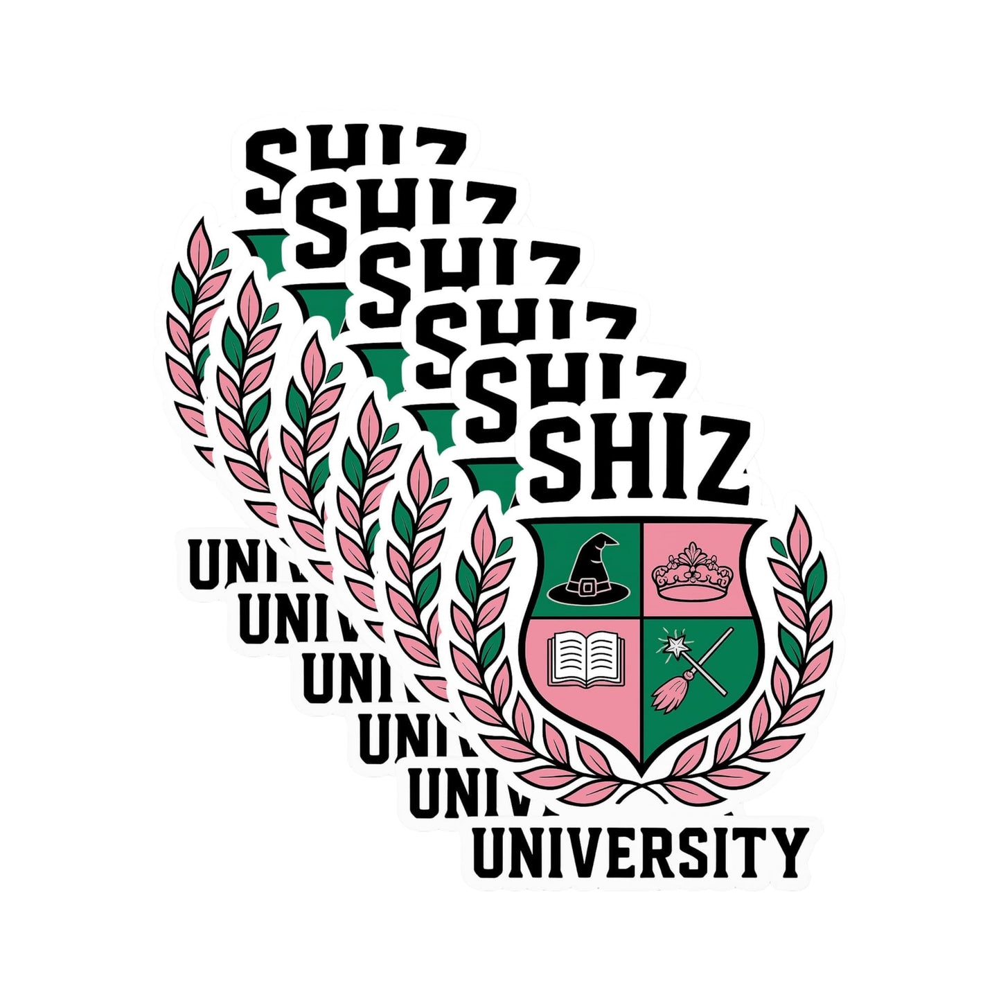 Shiz University Sticker – Wicked Inspired Vinyl Decal - Pink & Green Magical Crest Design | College Style Fantasy Gift for Fans, Laptops, Tumblers & Notebooks