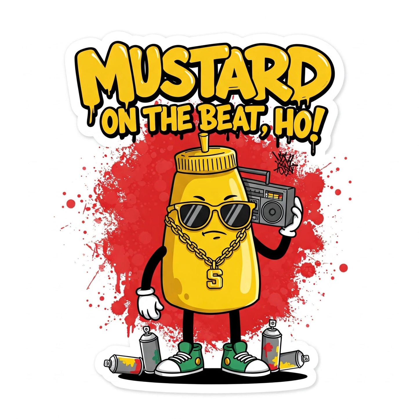 Mustard on The Beat, Ho! Vinyl Sticker | Graffiti Style Hip-Hop Mustard Character | 3" x 2"