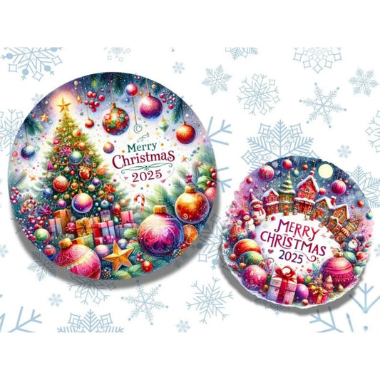 Christmas 2025 Holiday Stickers, 50 Pack Round Vinyl Decals, 2 Inch Multicolor Glossy Finish, Decorative Winter Design with Tree, Ornaments and Snowflakes for Crafts and Gifts