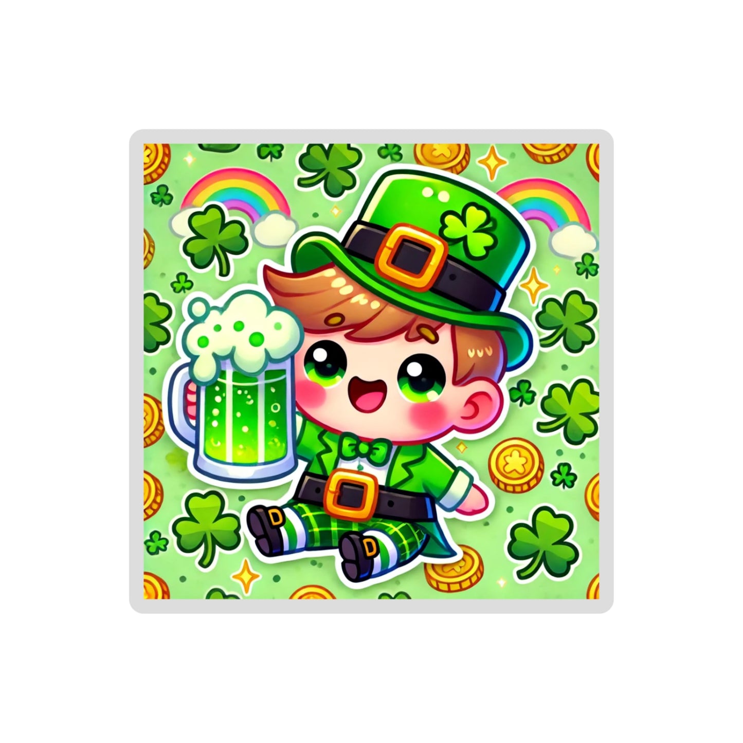 St. Patrick's Day Kawaii Leprechaun Sticker, Cute Irish Design with Shamrocks and Beer by RockPaperStikerz