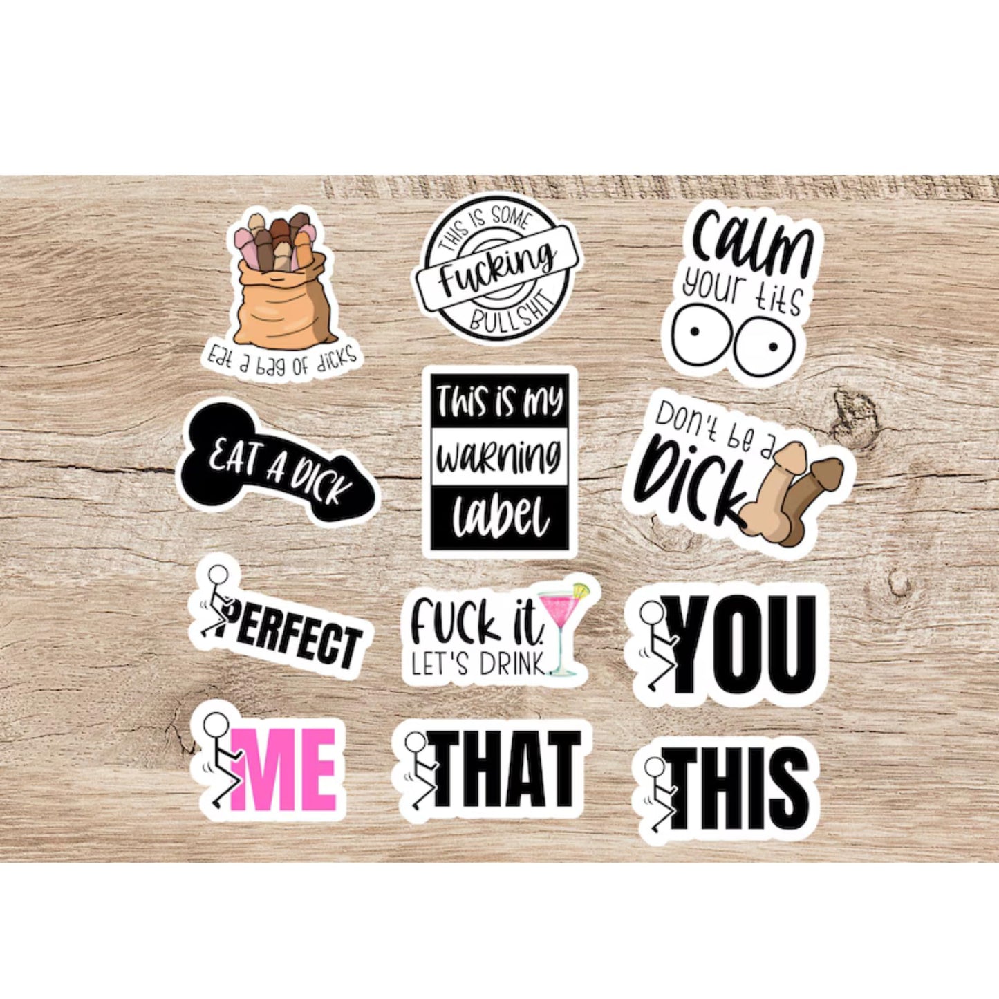 Funny Adult Sticker Pack, 12 Count, 3 Inch Vinyl Stickers, Sarcastic Offensive Humor, Laptop Water Bottle Car Decals