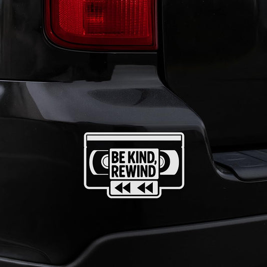 Be Kind Rewind Decal – 7" x 3" White Retro VHS Tape Sticker for Car Windows, Laptops, Water Bottles – 80s Nostalgia Vinyl Design