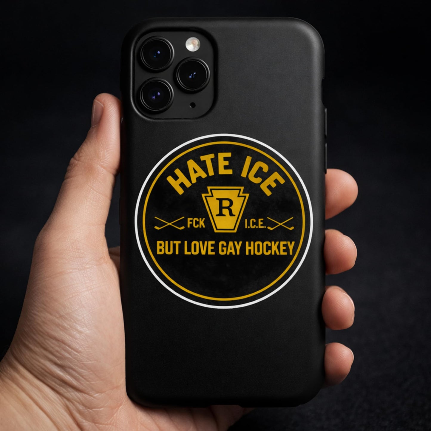 Hate Ice But Love Gay Hockey Vinyl Sticker, Waterproof Round Decal, Black and Yellow, 3 Inch or 5 Inch, 1 Pack or 3 Pack, for Laptop Water Bottle Car Bumper Tumbler