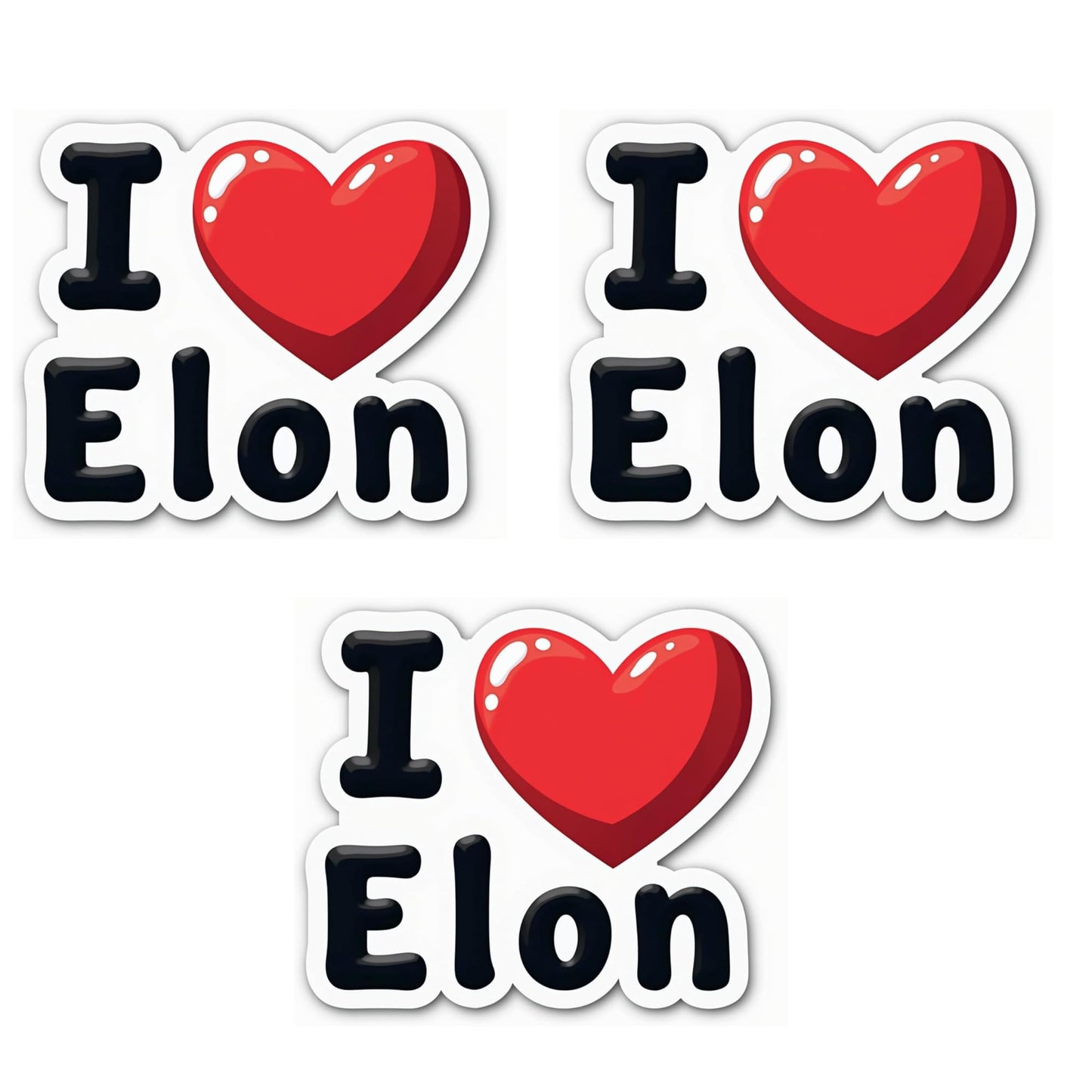 I Love Elon Vinyl Sticker, 3 x 2.75 inches, Black Text with Red Heart Design, 3-Pack