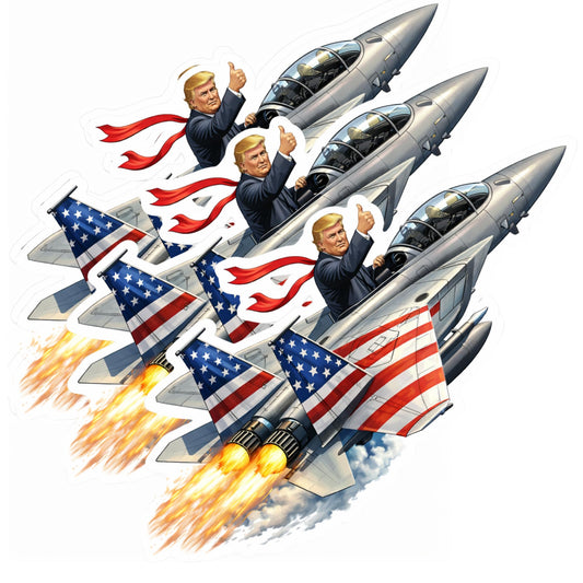 Trump in a Fighter Jet Vinyl Stickers 3 Inch Waterproof Die Cut Decals 3 Pack American Flag Jet Art