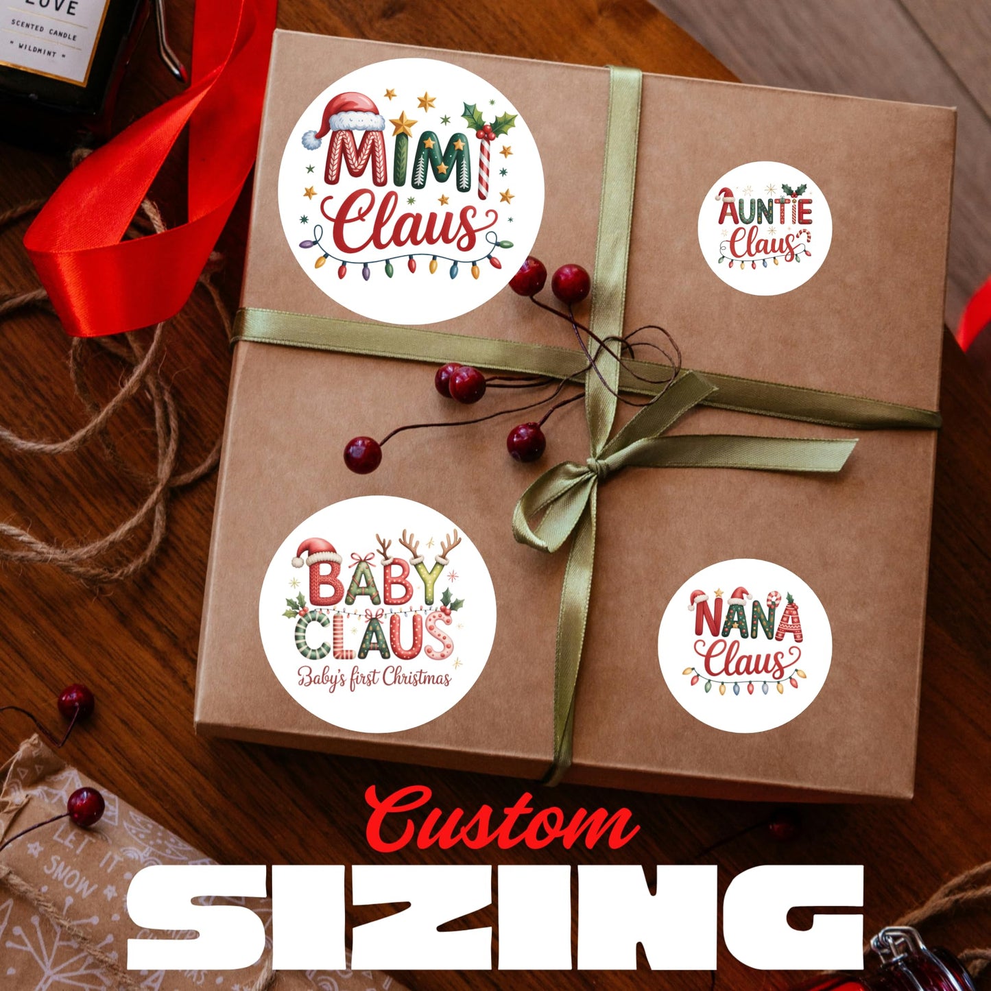 Christmas Family Name Decals, Personalized Holiday Gift Tag Stickers, Vinyl Santa Claus Design, 6-Pack Custom Labels, 2-5 Inch Size, Festive Winter Theme