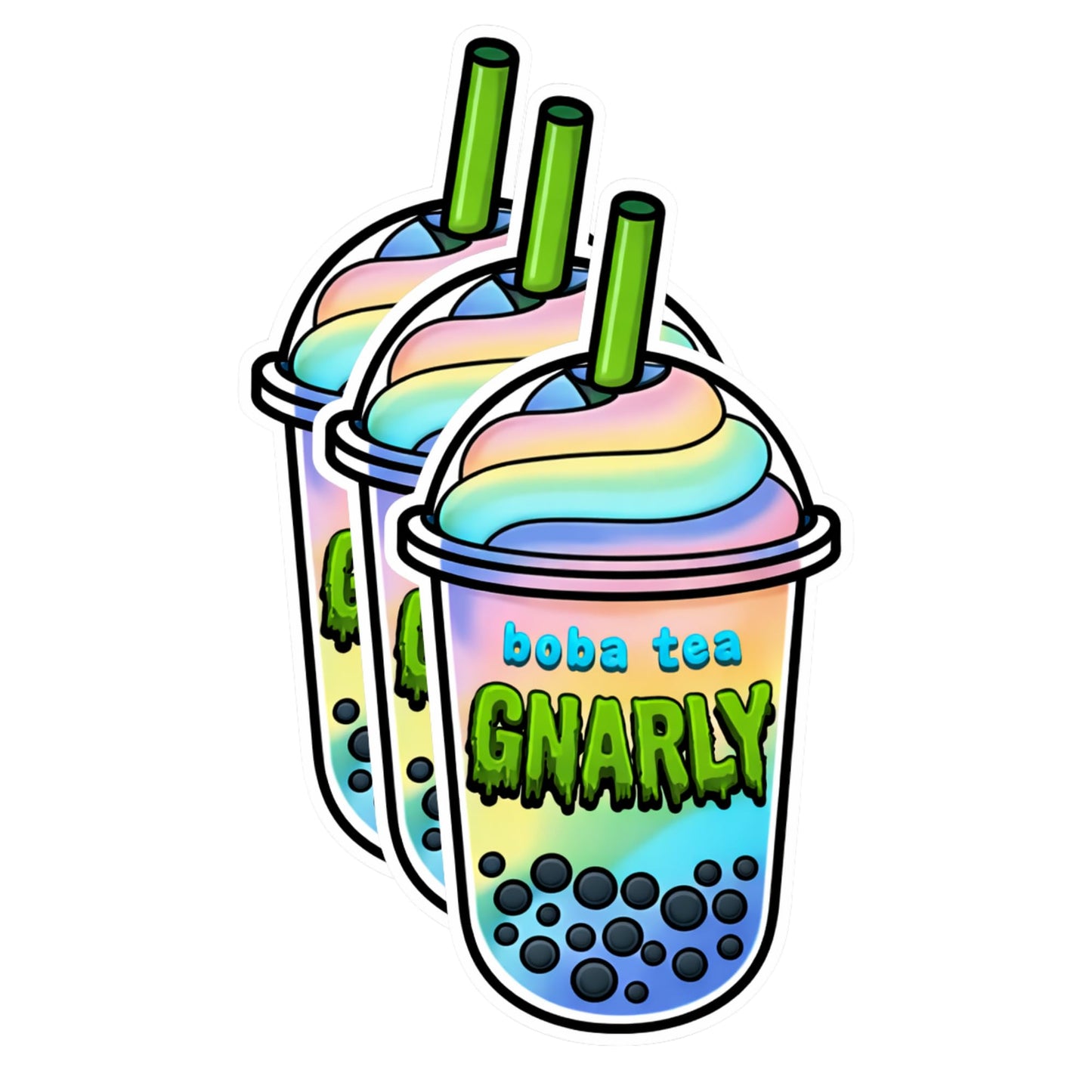 Tea Gnarly Stickers, Cute Pastel Vinyl Decals, 3 Inch, 3 Pack, UV Resistant Die Cut for Laptop Water Bottle Phone Skateboard