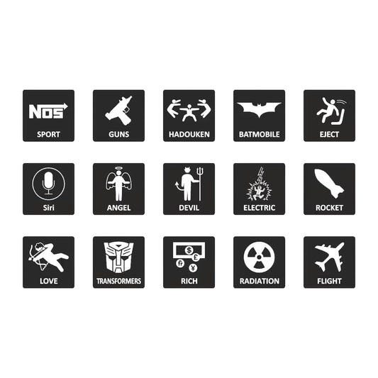 RockPaperStikrz Funny Car Dash Button Sticker Pack, 15 Novelty Switch Decals, Vinyl, 0.75 x 0.75 Inches, Glossy Finish