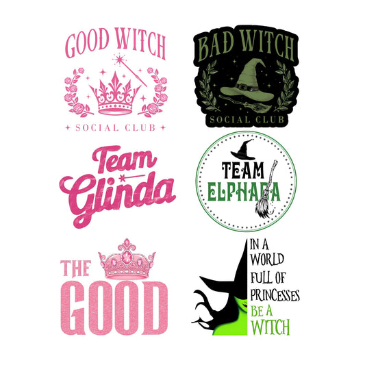 Witch Social Club Vinyl Stickers, 6 Pack of 5 Inch Glossy Decals, Team Glinda vs Elphaba Design, UV Resistant, Multicolor Decorative Art for Indoor Outdoor Use