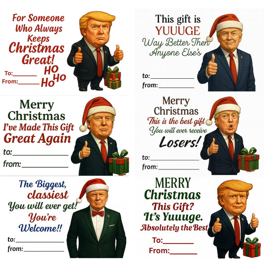 Funny Trump Christmas Gift Tags, 18 Pack Holiday Present Labels, 3x2 Inch to from Stickers, Humorous Political Design, 3 Sets of 6 Designs