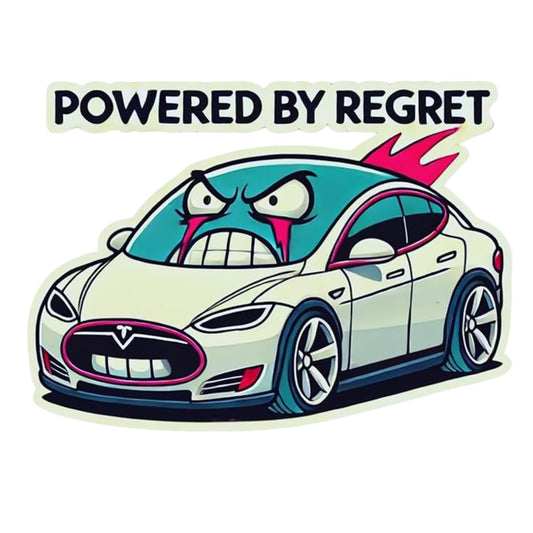 Powered by Regret Tesla Car Vinyl Sticker, 4 inch Anti Elon Sticker, Funny Cartoon Design, Premium Quality by RockPaperStikrz