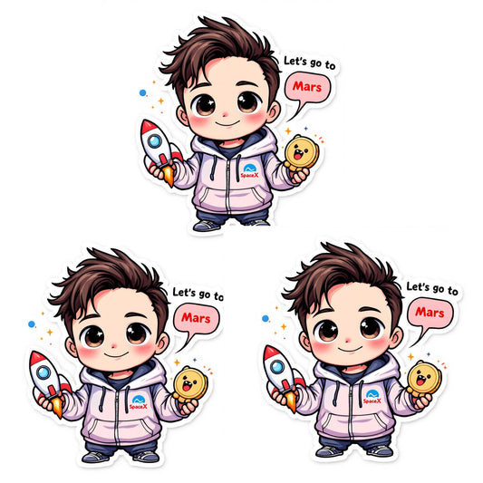 Kawaii Elon Musk Sticker Pack – 3 Cute Chibi Tech CEO Limited Edition Stickers (3x2 Inches) | SpaceX Rocket & Dogecoin Design | Funny Mars Quote | Laptop, Water Bottle, Journal, Gift