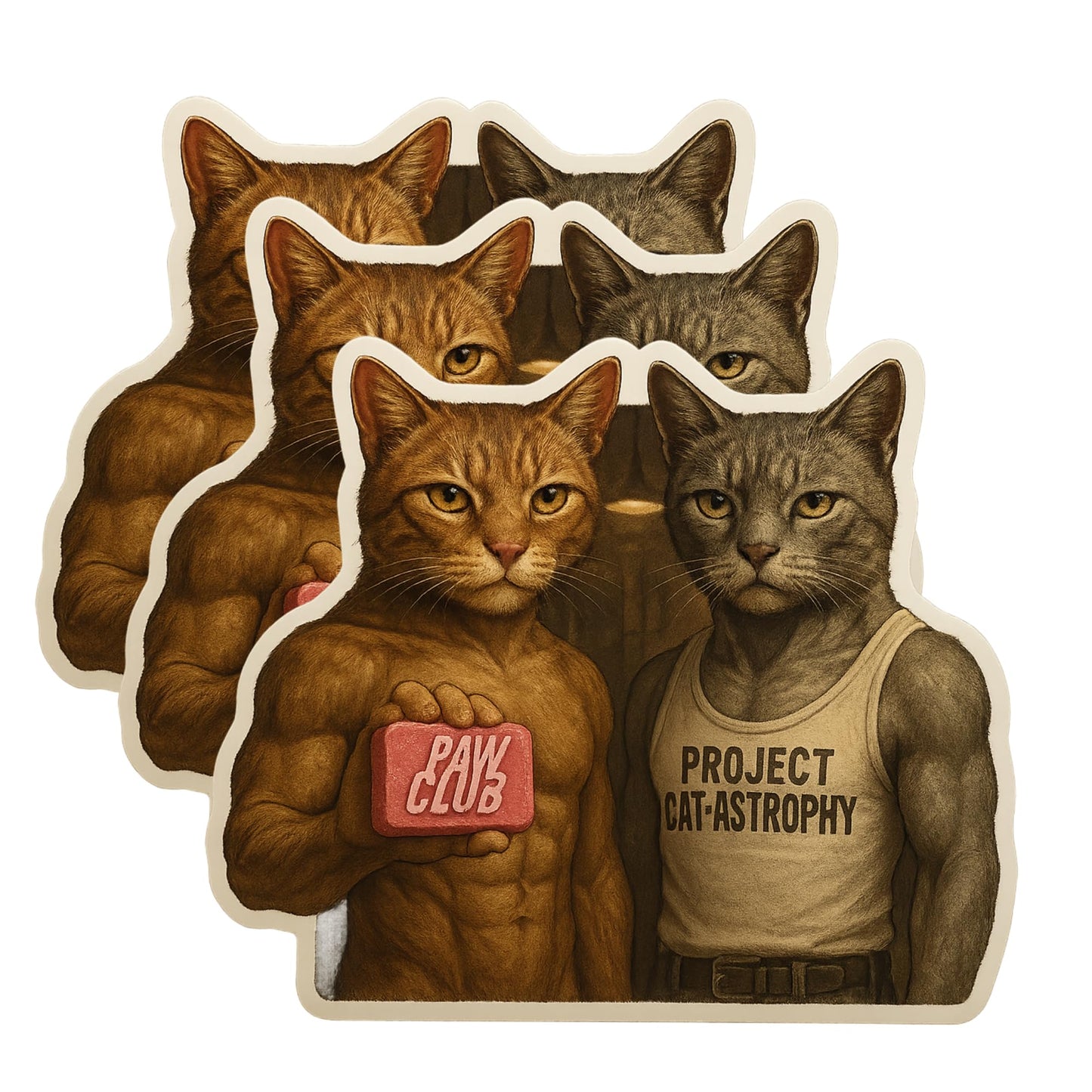 PAW Club Muscular Cat Parody Vinyl Stickers, 3 Inch, UV-Resistant Gloss Finish, Funny Project Cat-astrophy Design, 3 Pack Decals for Laptop, Water Bottle, Car