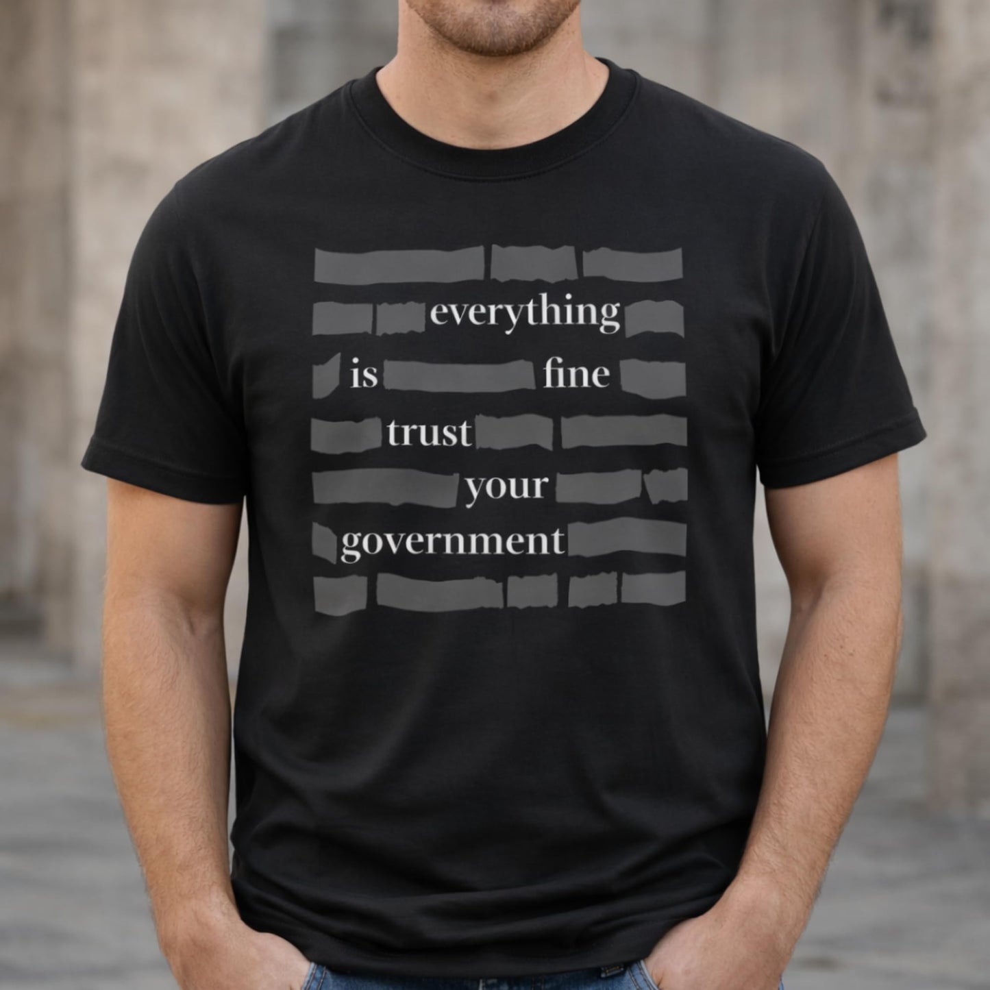 Everything is Fine Trust Your Government T Shirt Funny Redacted Document Satire Tee Men or Women Available Black