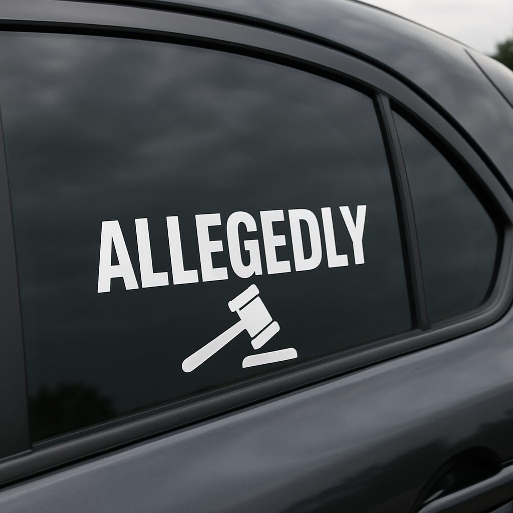 Allegedly Vinyl Decal Sticker, White, 8 x 2.5 Inch, Waterproof Die-Cut, Funny Lawyer Design for Cars, Laptops, Windows