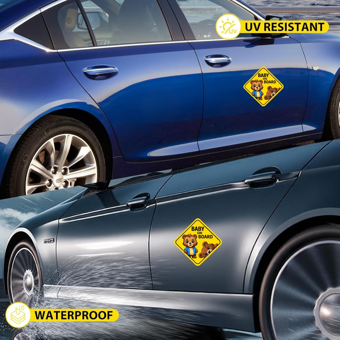 Baby on Board Bear Magnet 2 Pack, 7 Inch Tall Diamond Car Magnets, Strong Commercial Grade Magnetic Backing, Weather Resistant Fade Proof Vinyl, Cute Cub Safety Sign for Vehicles (5" x 5")