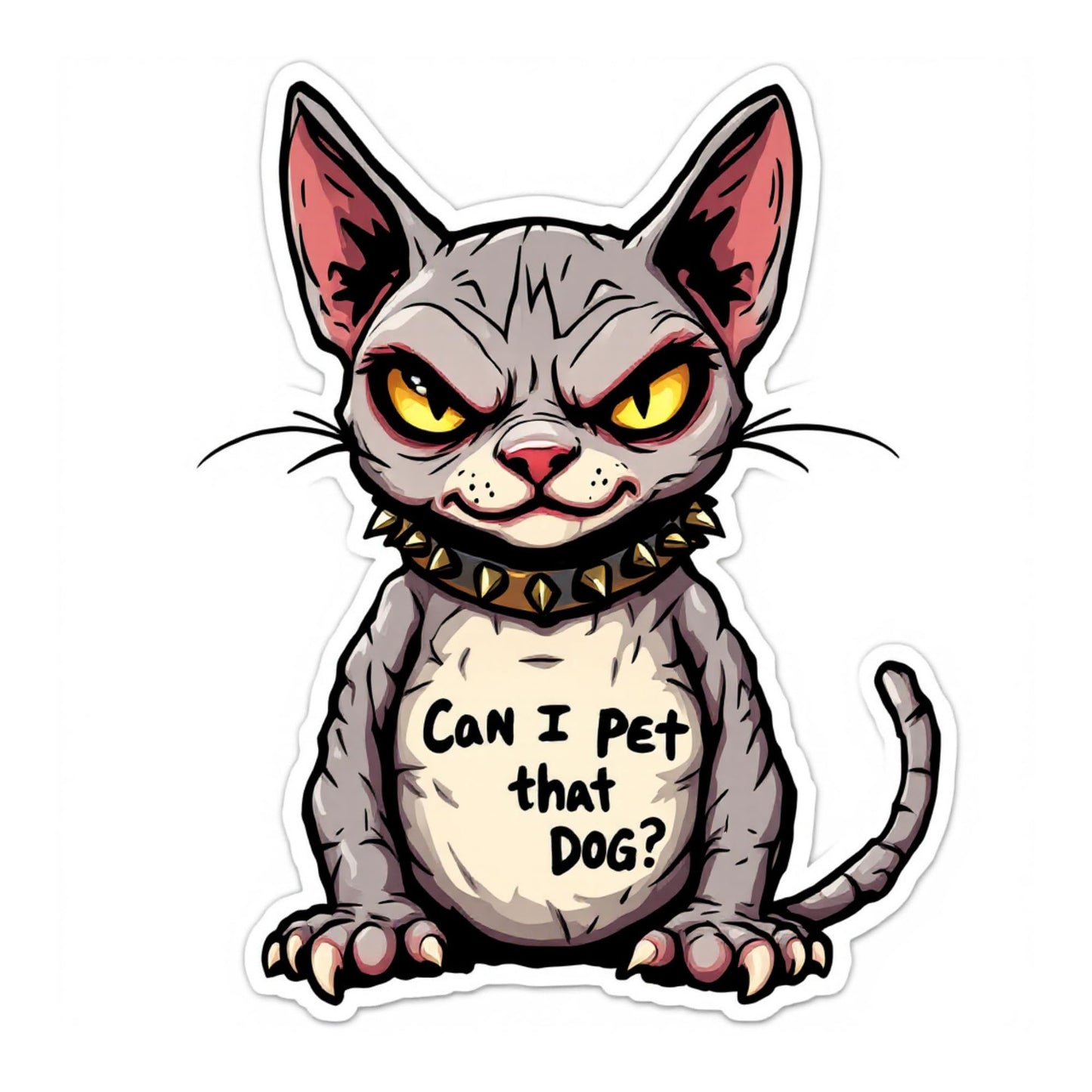 Can I Pet That Dog? Angry Cat Sticker – Funny Cartoon Hairless Cat Vinyl for Laptops, Tumblers & Water Bottles, 3 x 2.5 Inch