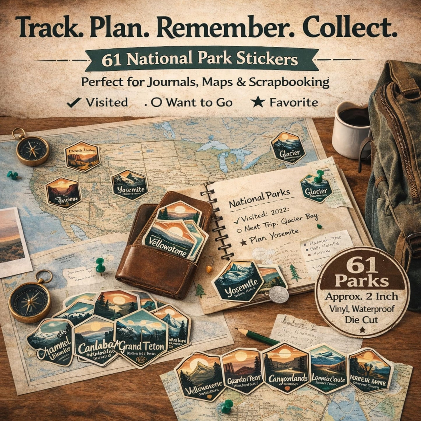 61 National Park Stickers Set 2 Inch Vinyl Travel Journal Map Tracker Scrapbooking Stickers for National Park Lovers Hiking Adventure Planner Gift
