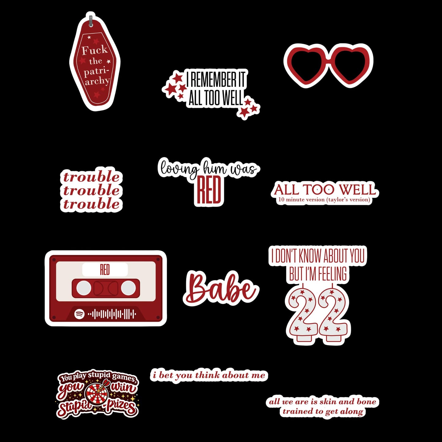 Red Era Lyric Inspired Sticker Pack, 12 Pack Waterproof Vinyl Stickers, 3 Inch Decals for Laptop, Water Bottle, Journal, Phone