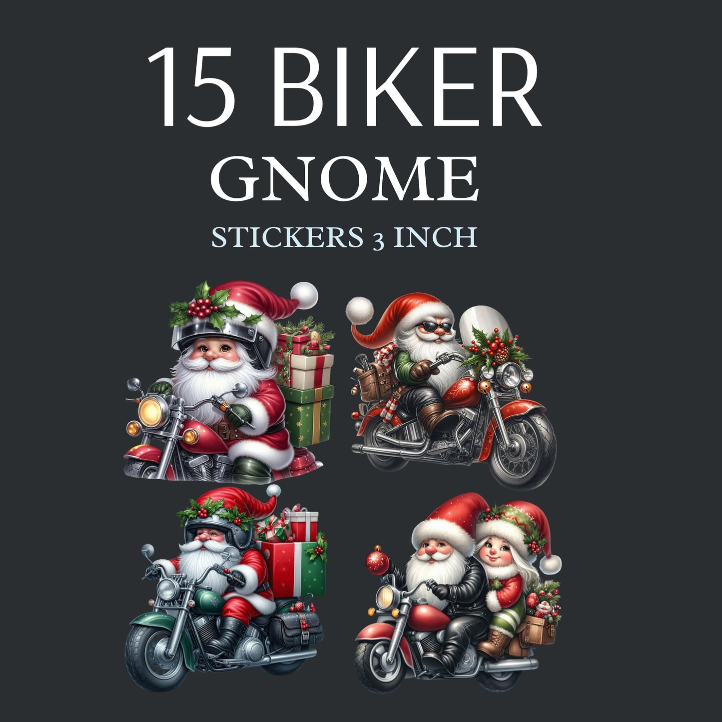 Christmas Biker Gnome Motorcycle Santa Stickers, Premium Vinyl Holiday Decals, 15 Pack, 3 Inch UV Resistant Decorative Stickers for Gifts, Laptops, Toolboxes