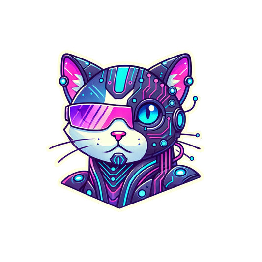 Neon Tech Cat – Futuristic Sci-Fi Cat Vinyl Sticker by RockPaperStikrz