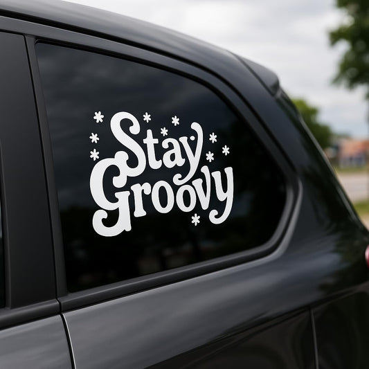Stay Groovy Decal – 7" x 5.5" White Retro Vinyl Sticker for Cars, Laptops, Water Bottles – 70s Aesthetic Hippie Design