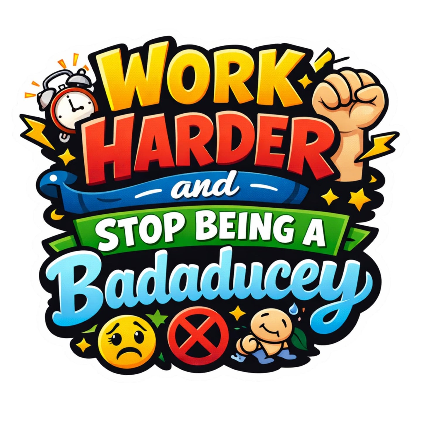 Work Harder and Stop Being a Badaducey Sticker, Multicolor, Vinyl, 3 Inch, Cartoon Style, Motivational Theme, 3 Pack