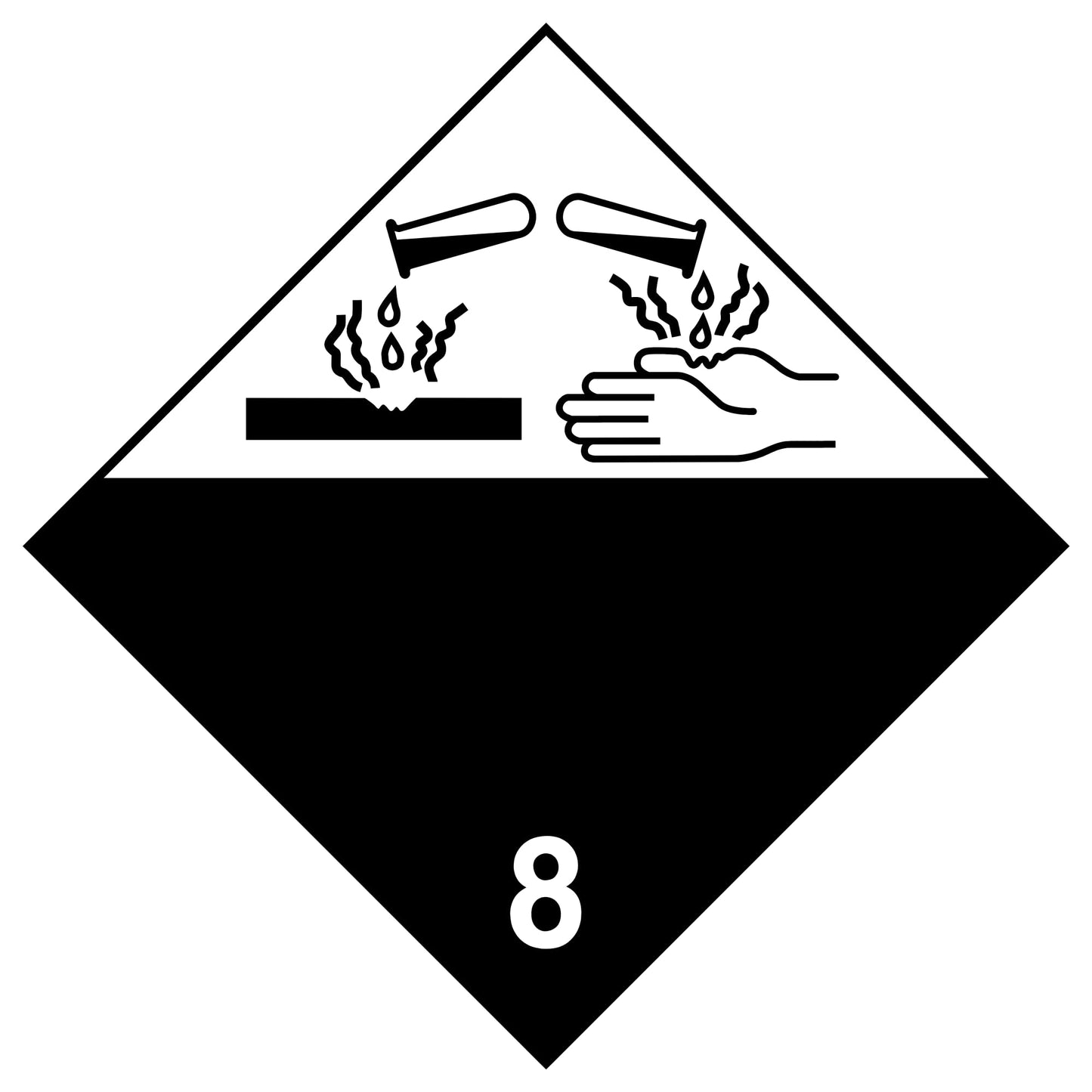 Corrosive Class 8 Placard – 10.75” Hazard Warning Label – Black & White Diamond Safety Sticker for Transport & Warehouse Use – Industrial Grade Cast Vinyl with UV Laminate