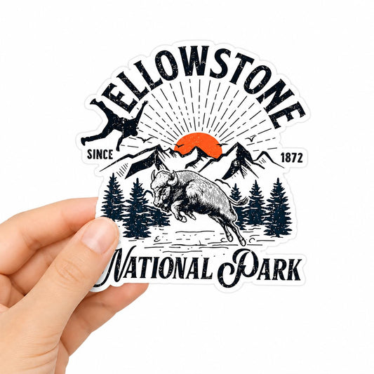 Funny Yellowstone Bison Attack Sticker, Man Getting Bucked by Buffalo Decal, Vintage National Park Parody Sticker, Waterproof Vinyl, 5 Inch