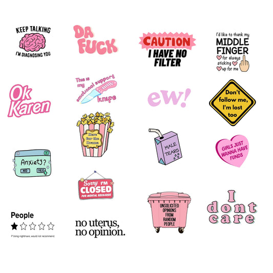 RockPaperStikrz Funny Sarcastic Sticker Pack, 16 Piece, 2 Inch Vinyl Decals for Water Bottles, Laptops, Journals, Tumblers, Multicolor