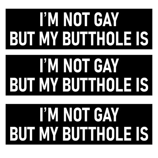 RockPaperStikrz Funny Adult Bumper Sticker 3 Pack, I'm Not Gay But My Butthole is, 3x9 Inch, Black and White, Vinyl, Glossy, Waterproof