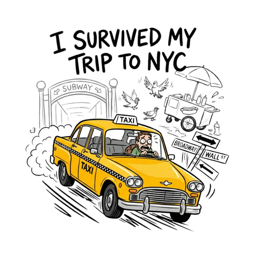 I Survived My Trip to NYC Sticker, Funny New York Taxi Cartoon Decal, 5 Inch Waterproof Vinyl, for Laptop, Car, Suitcase