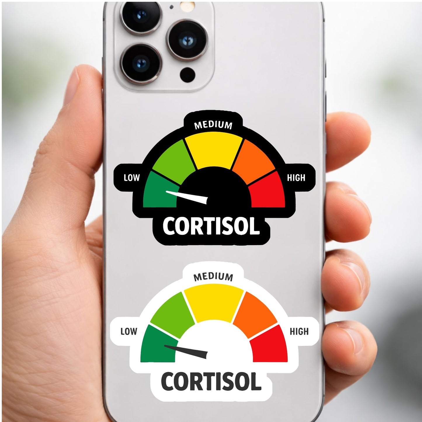 Cortisol Meter Sticker Pack, 4 Pack, 3 Inch, Waterproof Vinyl, Funny Stress Level Gauge Decals for Laptop, Water Bottle, Car and Phone